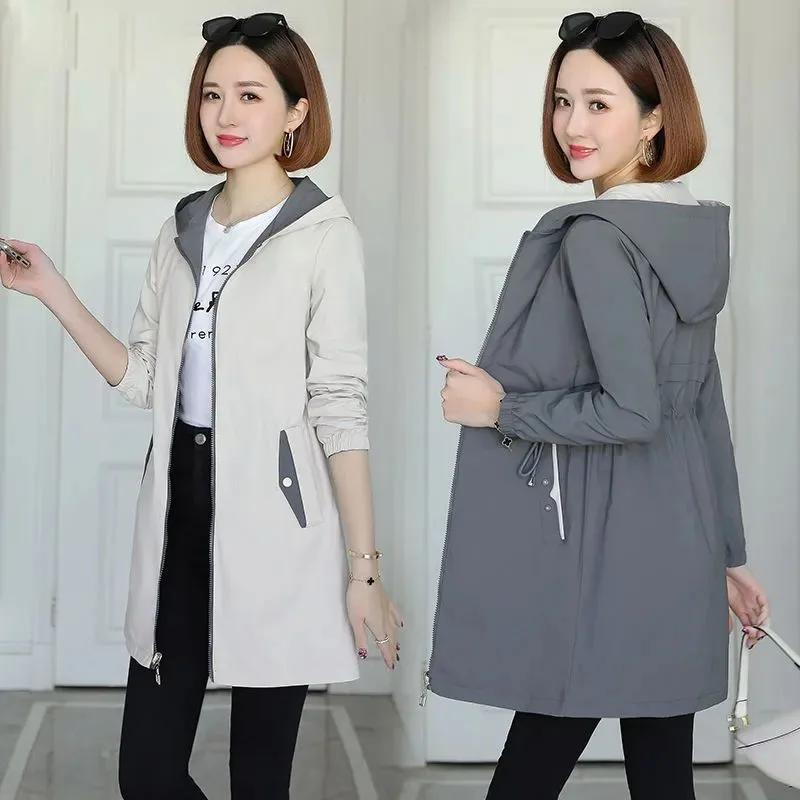 

New Fashion Double-Sided Wear Trench Coat Women Mid-Longth Spring Autumn High Quality Hooded Windbreakers Female Tops Outerwear