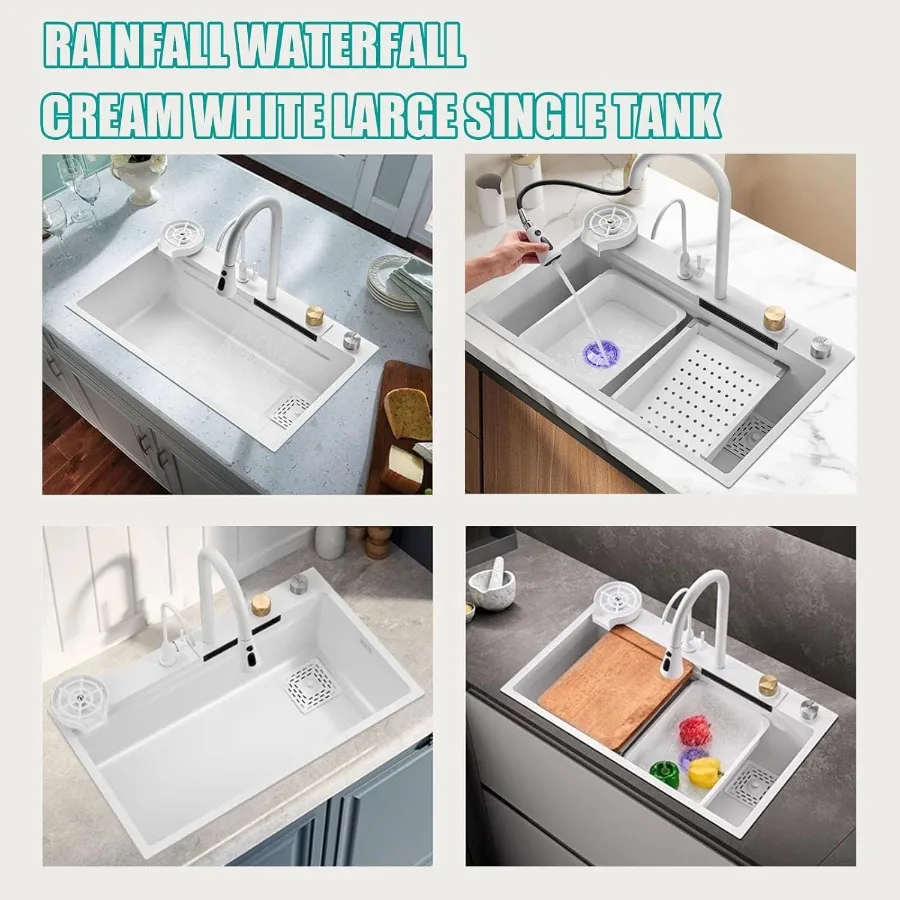 Modern Single Bowl Undermount Kitchen Sink with Flying Rain Waterfall Design Stainless Steel Construction Drop-In Installation