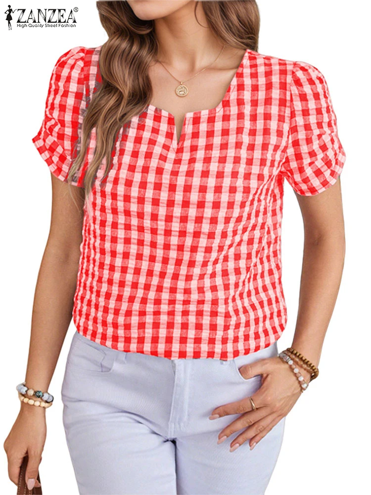 

ZANZEA Fashion Short Sleeve Plaid Checked Blouses 2025 Summer Women Tops Elegant Square Neck Work Shirt Stylish Holiday Blusas
