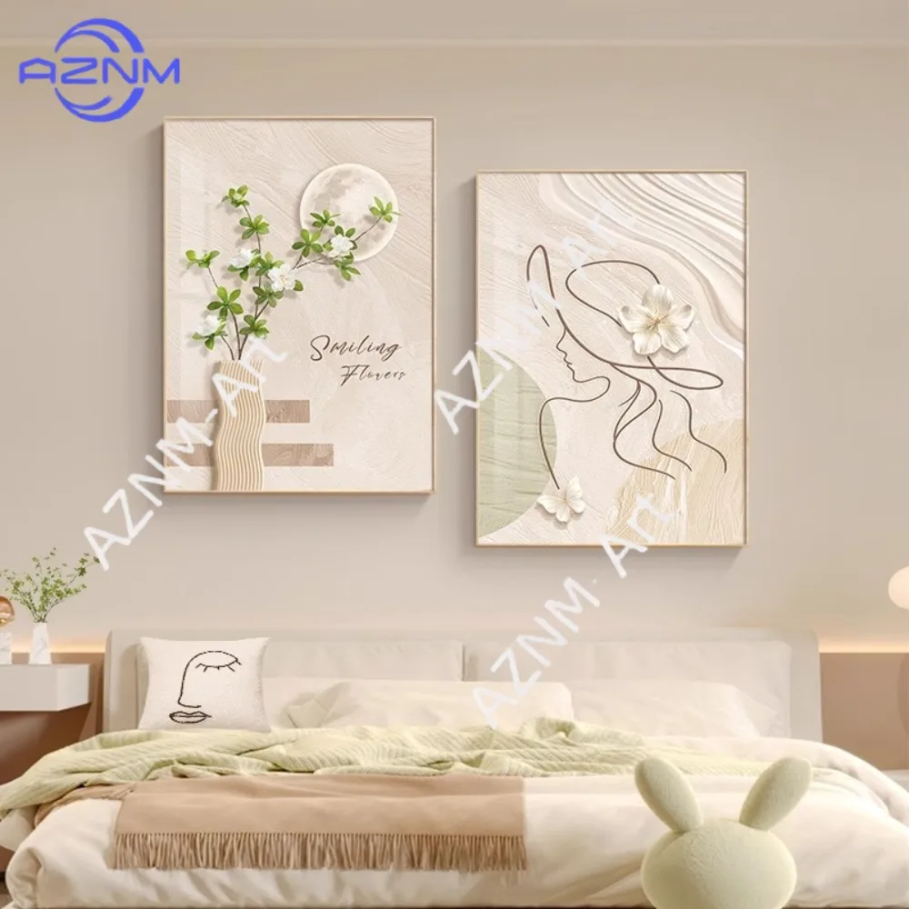 1/2 Stück Einfache Moderne Schlafzimmer Nachttisch Dekorative Leinwandmalerei Cremefarbener Stil Wohnzimmer Wandbilder Abstrakte Linien