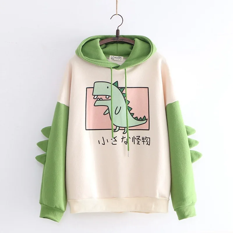 Women Dinosaur Fashion Long Sleeves Contrast Streetwear Cartoon Printed Hoodies Loose Harajuku Casual Comfortable Autumn Winter