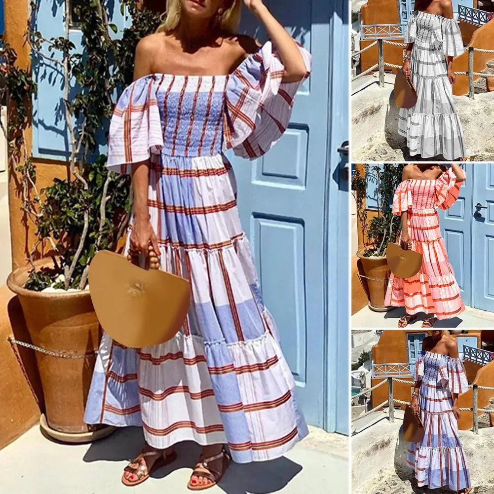 

Long Dress Woman Summer Fashion Plaid Print Large Swing A-line Skirt Beach Dress Sexy Off-the-shoulder Elastic Slim Waist Dress