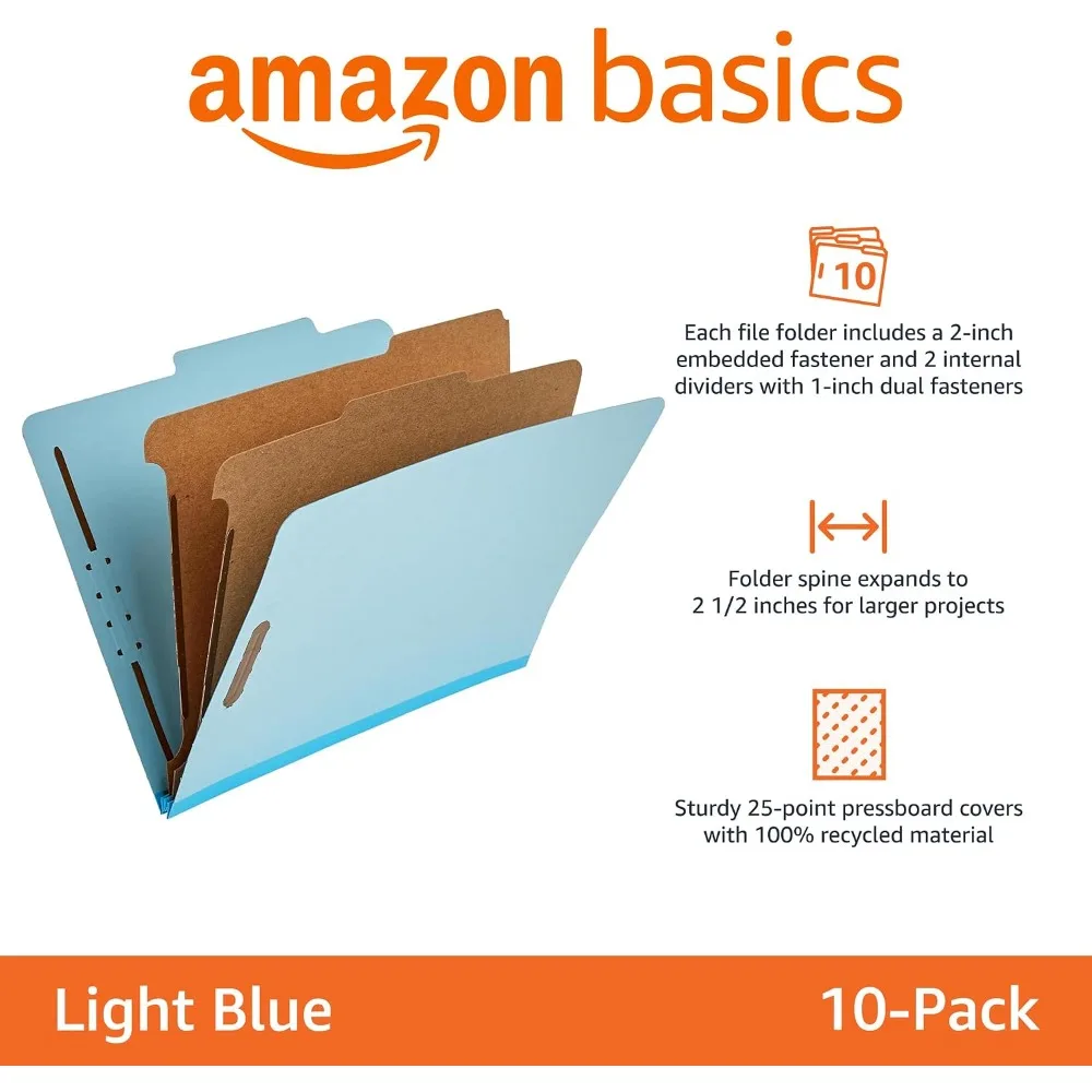 Classification Folder with Prongs, 2 Dividers, Embedded Fasteners, Letter Size, Light Blue, 10 Pack