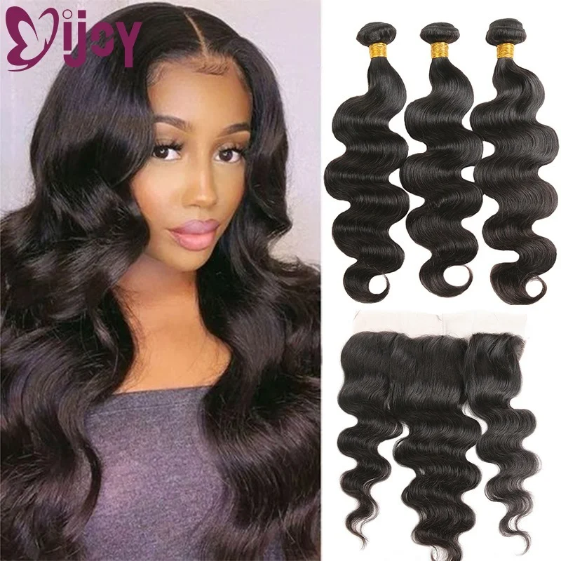 Body Wave Bundles With Frontal Brazilian Human Hair 3/4 Bundles With 13x4 Frontal Natural Color Human Hair Bundles With Frontal