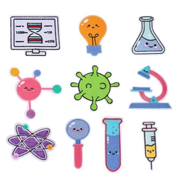 10PCS Cartoon Laboratory Patches Biology Chemistry Lab Iron on Embroidered Applique Scientist Experiment Virus DIY Clothes Badge