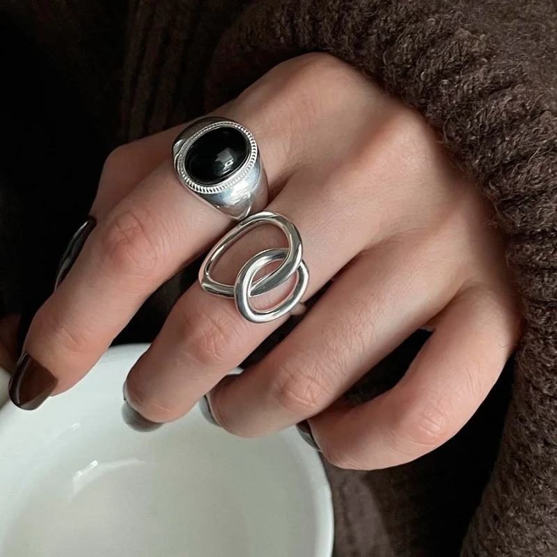 925 Sterling Silver Simple Retro Black Stone Rings For Women Geometric Fashion Smiple Open Handmade Allergy Party Jewelry Gift