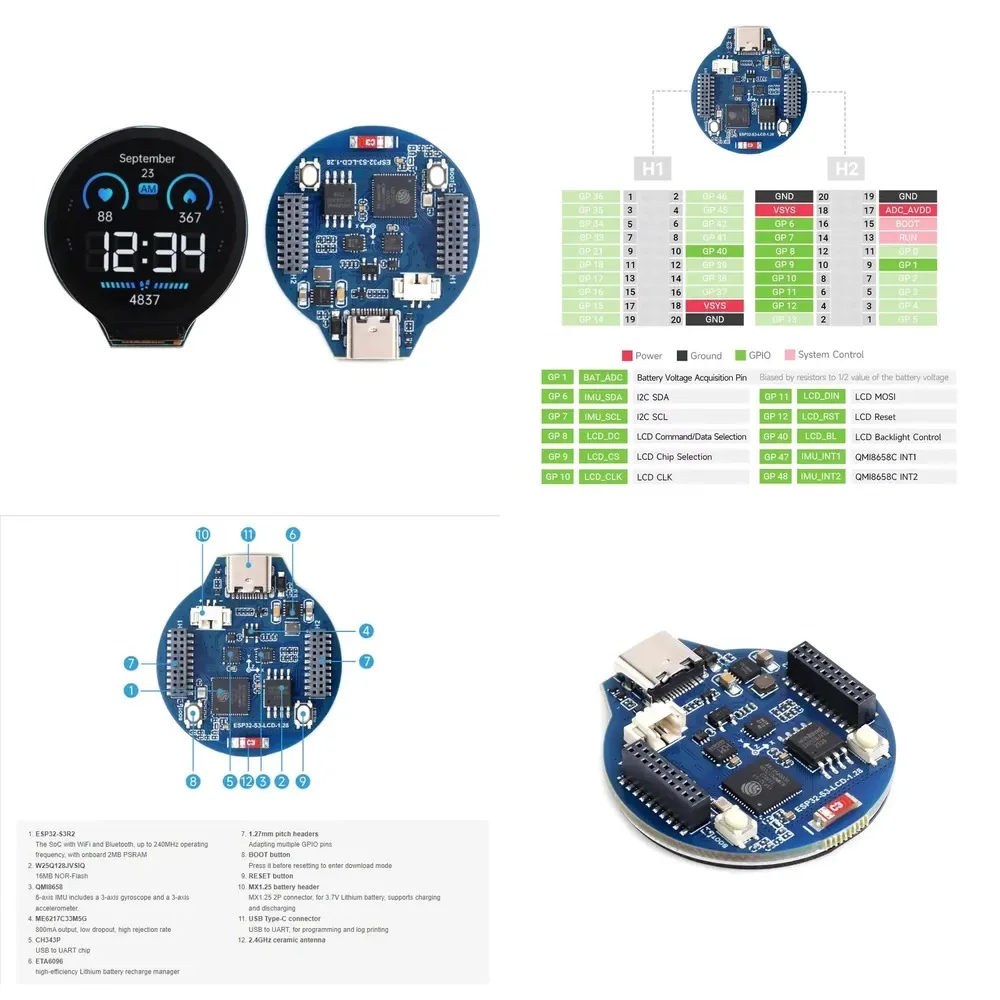 ESP32-S3 LCD development board 1.28 inch IPS round GC9A01 display driver support WiFi/Bluetooth