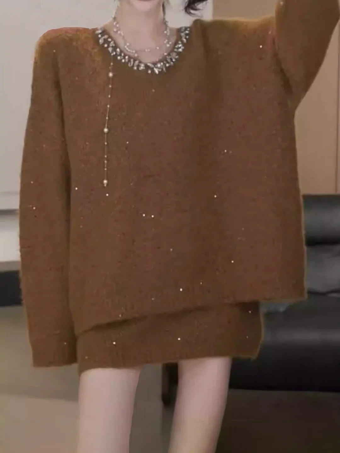 

plus Size Women's Casual Lazy Sle Sequin Two-Piece Set Spring Loose Slimming V-Ne Knitted Faionable Ensemble