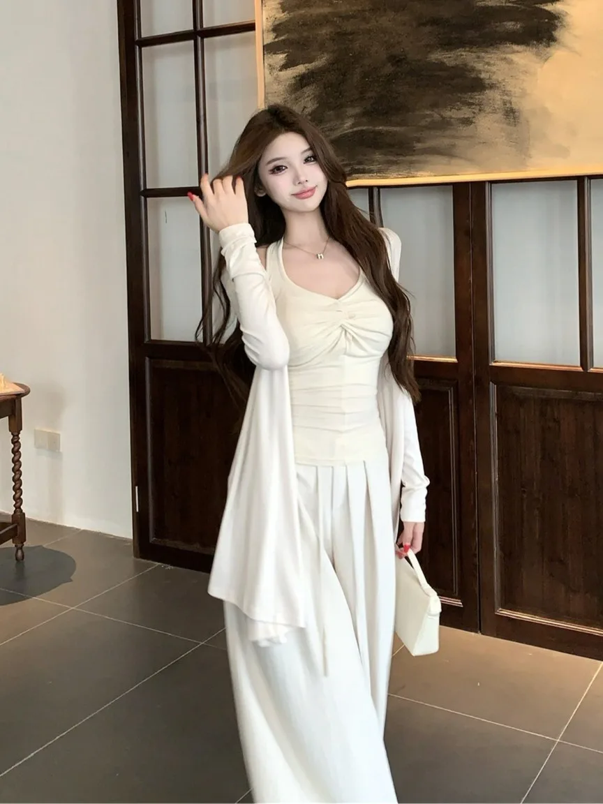 

Korean Style Elegant Draped Women's Spring 2026 New Sun Protection Open Cardigan Necklace Vest Pants Three Piece Set