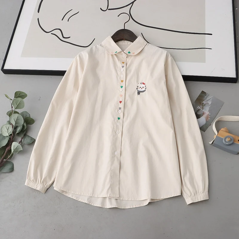 Cartoon Cartoon Cat Love Embroidey Turn Down Collar Shirt Women White Apricot Color Long Sleeved Cotton Base Blouse Tops U332