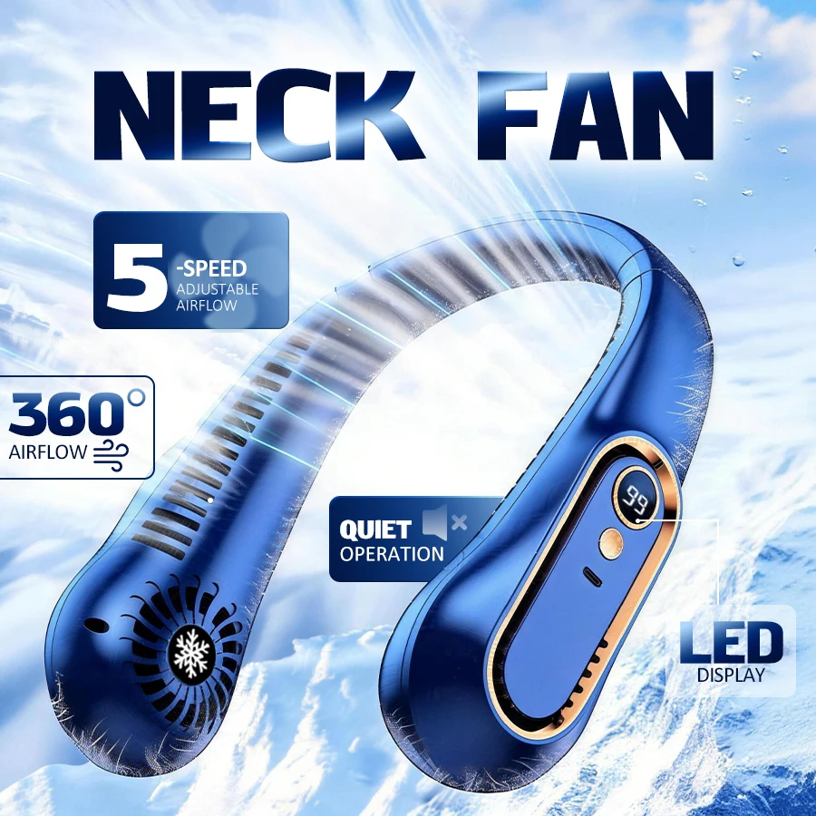 Ventilateur de cou à 5 vitesses, écran LED, 360° °   Ventilateur portable USB silencieux pour le voyage, le bureau et la maison