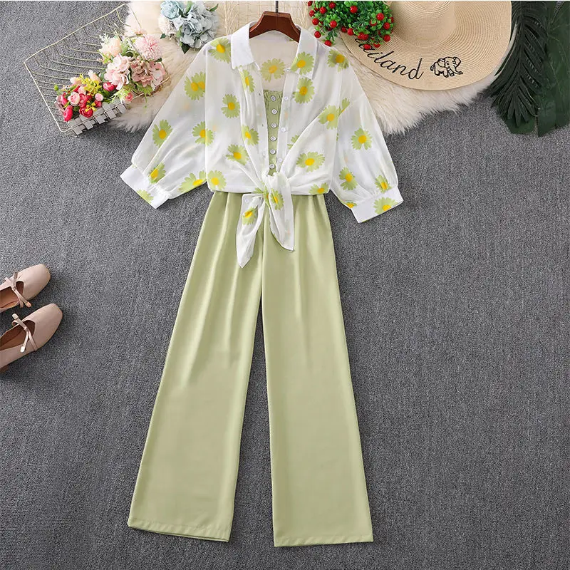 Women\'s Summer Chic Daisy Print Chiffon Sun Shirt Sling Wide Leg Pants 3 Piece Set Korean Casual Lady Graceful Outfits 2023 New