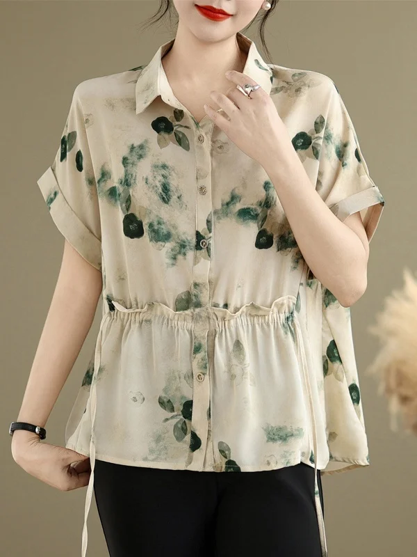 

Fashionable Summer Shirt Short Sleeve Chiffon Print Korean Style Straight Cut Thin Material Collar Button up Women's Top