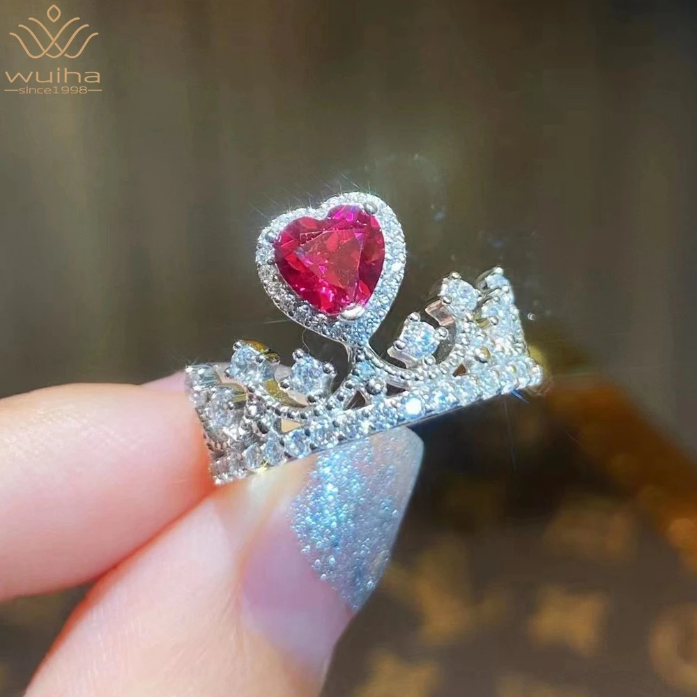 

WUIHA Real 925 Sterling Silver Heart Cut 6.5MM Ruby Fancy Vivid Red Sapphire Anniversary Crown Ring for Women Gift Drop Shipping