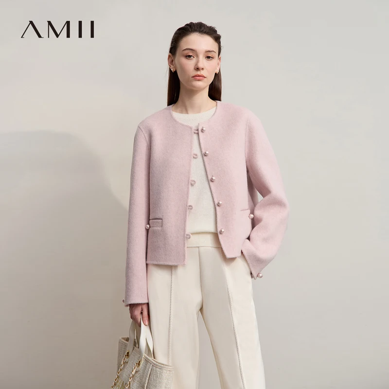 

AMII короткое пальто 2025, зимняя минималистичная шерстяная однотонная женская теплая элегантная свободная женская куртка с длинными рукавами 12524041