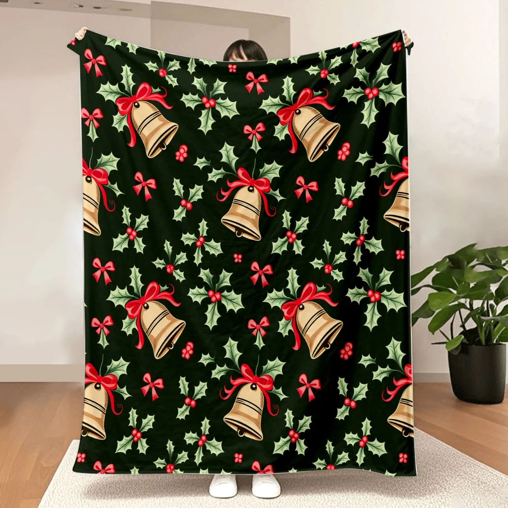1PC Christmas Bells and Holly Print Blanket - Made of Soft, Fluffy Flannel, Perfect for a Sofa, Bed or Lounge Chair. Ideal for C