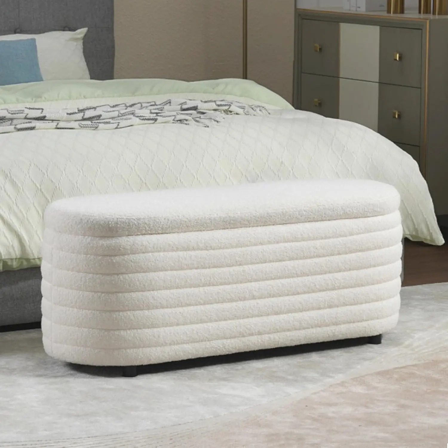 

Storage Teddy Ottoman Bench Upholstered Fabric Storage Bench End of Bed Stool with Safety Hinge