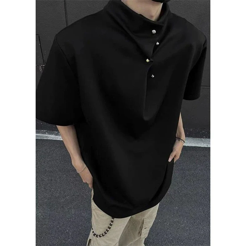 Men Niche Designer Short Sleeve Tee 2026 New Heavy Fabric Half High Collar Irregular Oblique Buttons Loose Solid Street T Shirt