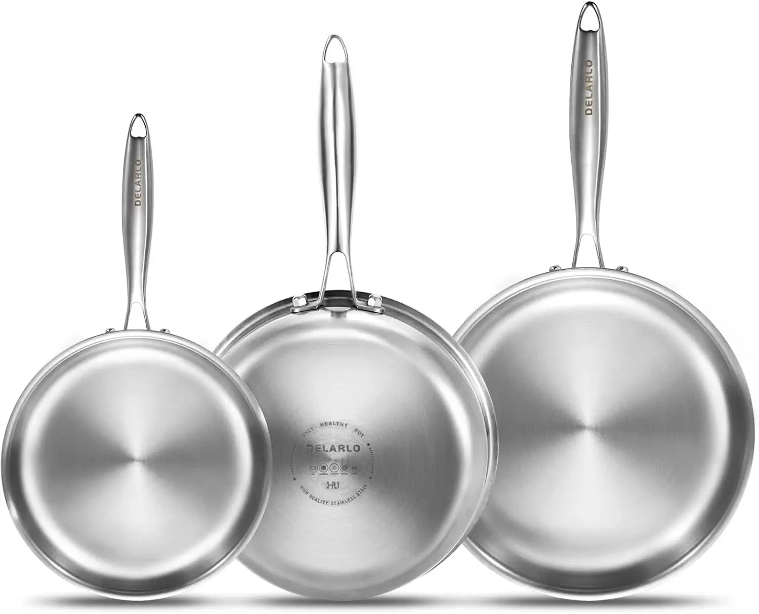 

Tri-Ply Stainless Steel Frying Pan Set, 8/10/12 Inch Cookware with Fast Heating and Cool Handles for All Stoves