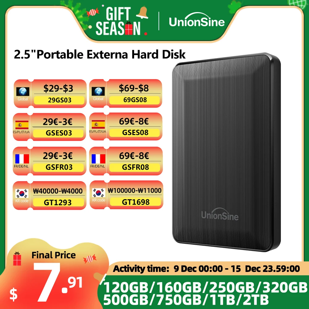 UnionSine HDD 2,5-дюймовый портативный внешний жесткий диск 250 ГБ/320 ГБ/500 ГБ/1 ТБ USB3.0 для хранения данных, совместимый с ПК, Mac, PS4,