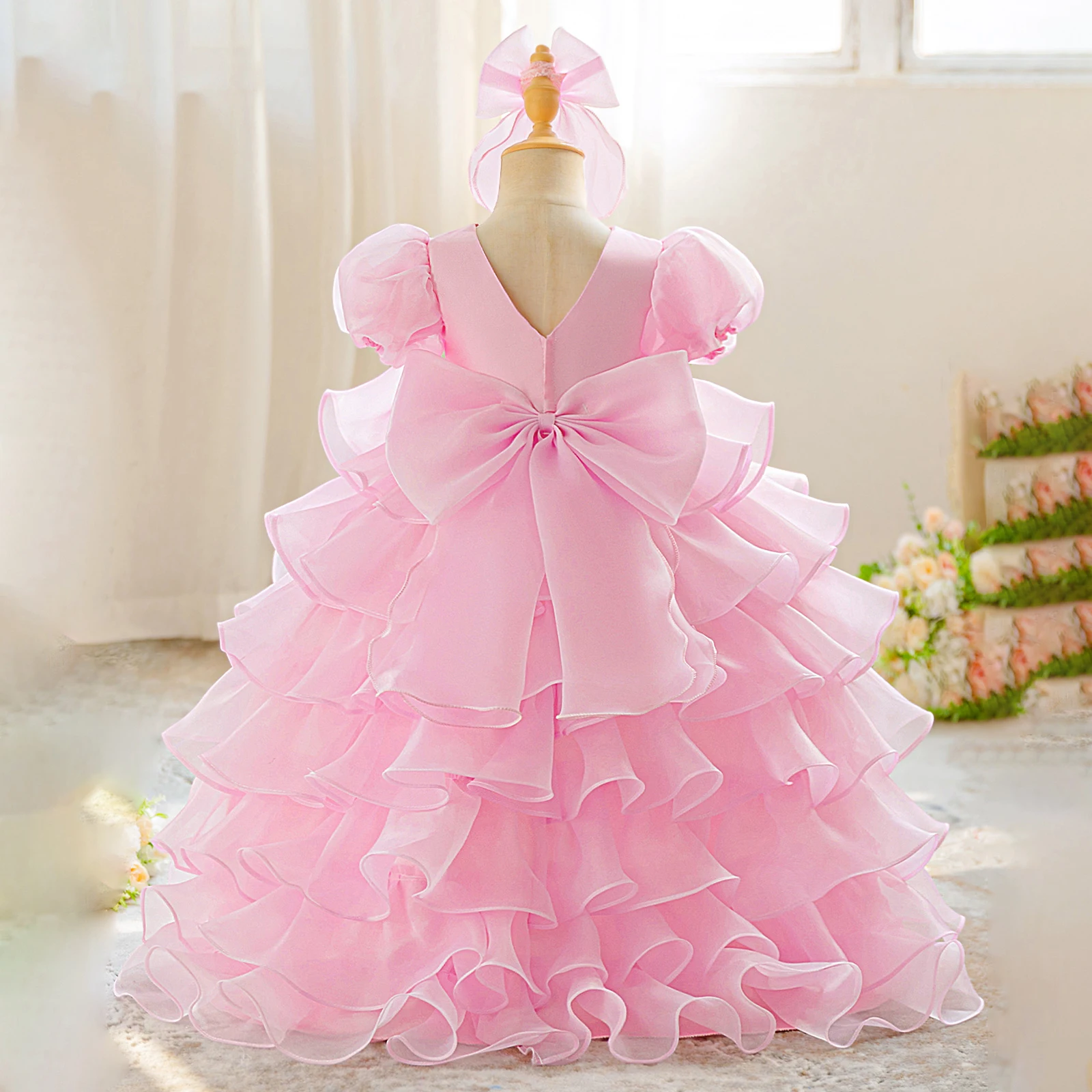 

Kids Girl’s 2-piece Outfit Puff Sleeve Layered A-line Dress with Bow Headband Summer Outfit