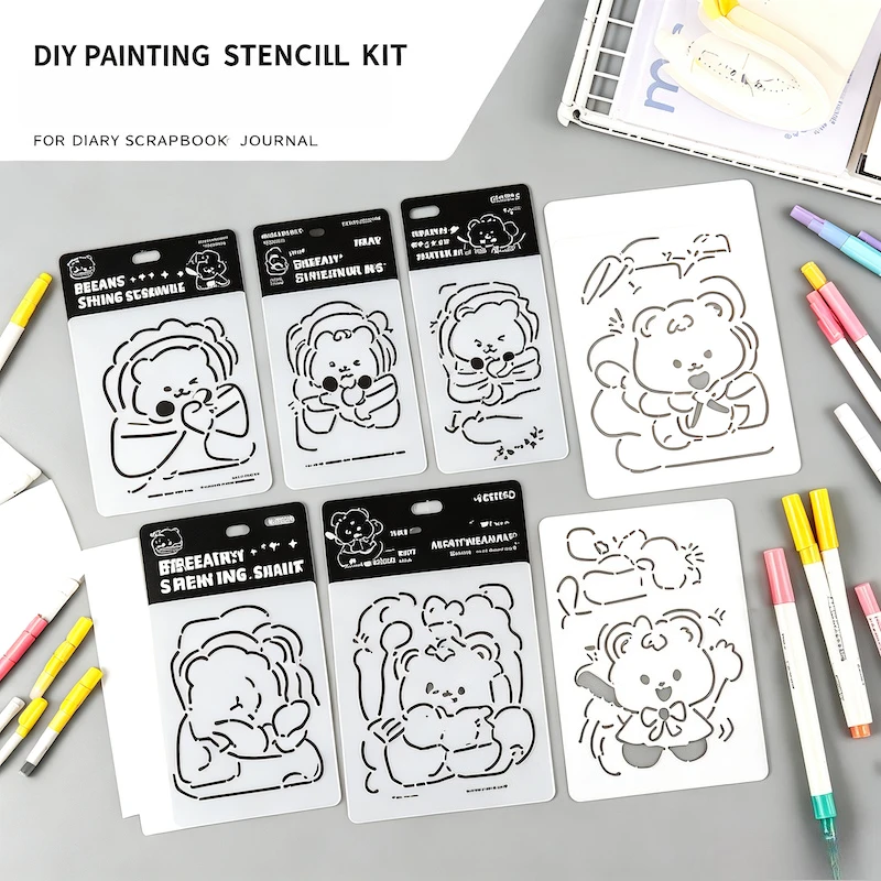 Reusable Hollow Drawing Stencil Set Cute Cartoon Animal Theme 6 Pieces PET Outline Template Card for Kids Students Diary Journal