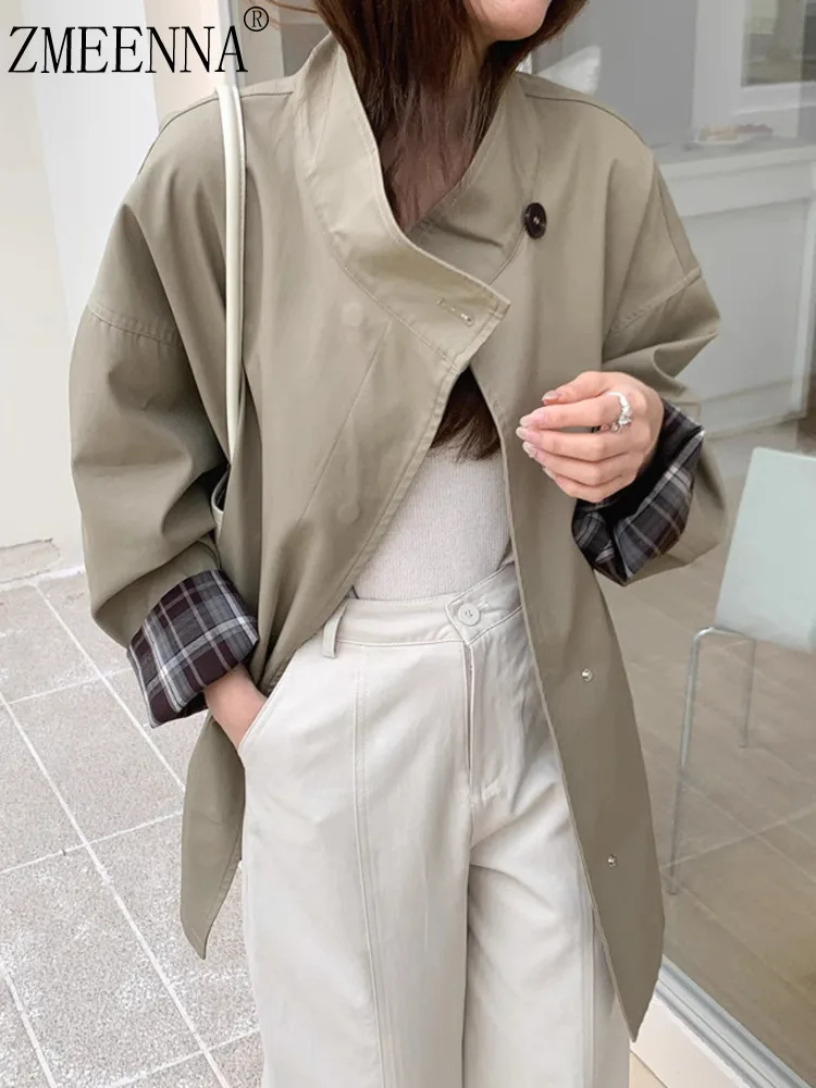 

ZMEENNA Women's Lightweight Stand Collar Windbreaker Jacket With Plaid Cuffs Chic Oversized Fit Casual Solid Color ZM3786