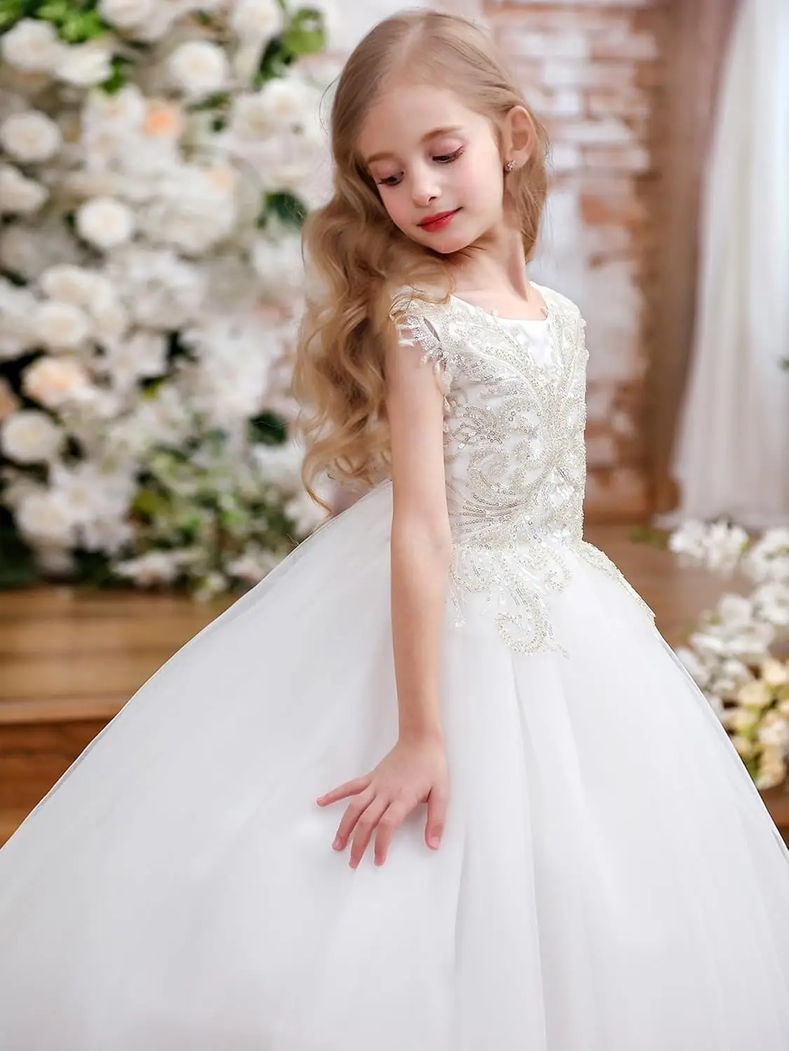 Princess Dress Fancy Sequin Beaded Girls Pageant Ball Gown Lace V Back Flower Girl Dress for Wedding Pageant Dresses for Girls