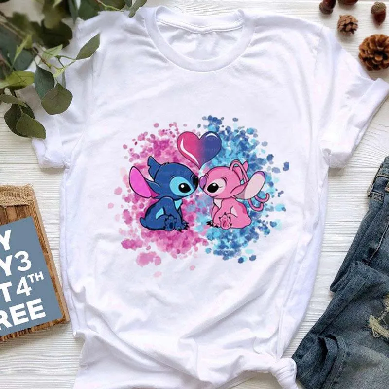 Disney-Camisetas De Lilo & Stitch para hombre y mujer, Tops bonitos de dibujos animados, camisas blancas a la moda, ropa Y2k para verano, 2024