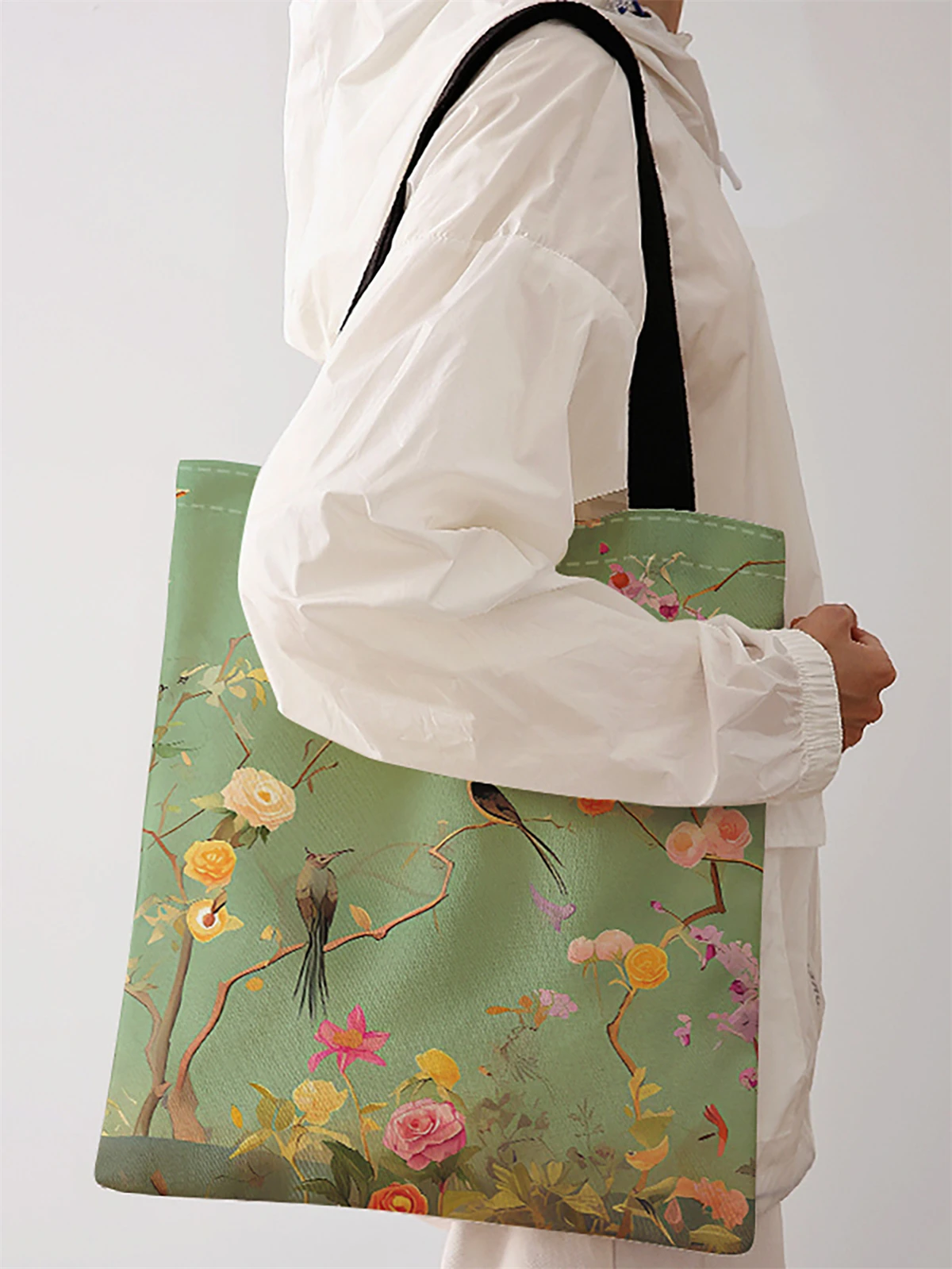 Blumen- und Vogelmuster Bedruckte Casual-Handtasche, Wiederverwendbarer Modischer Rucksack, Multifunktionale Handtasche, Canvas-Einkaufstasche – Detail 3
