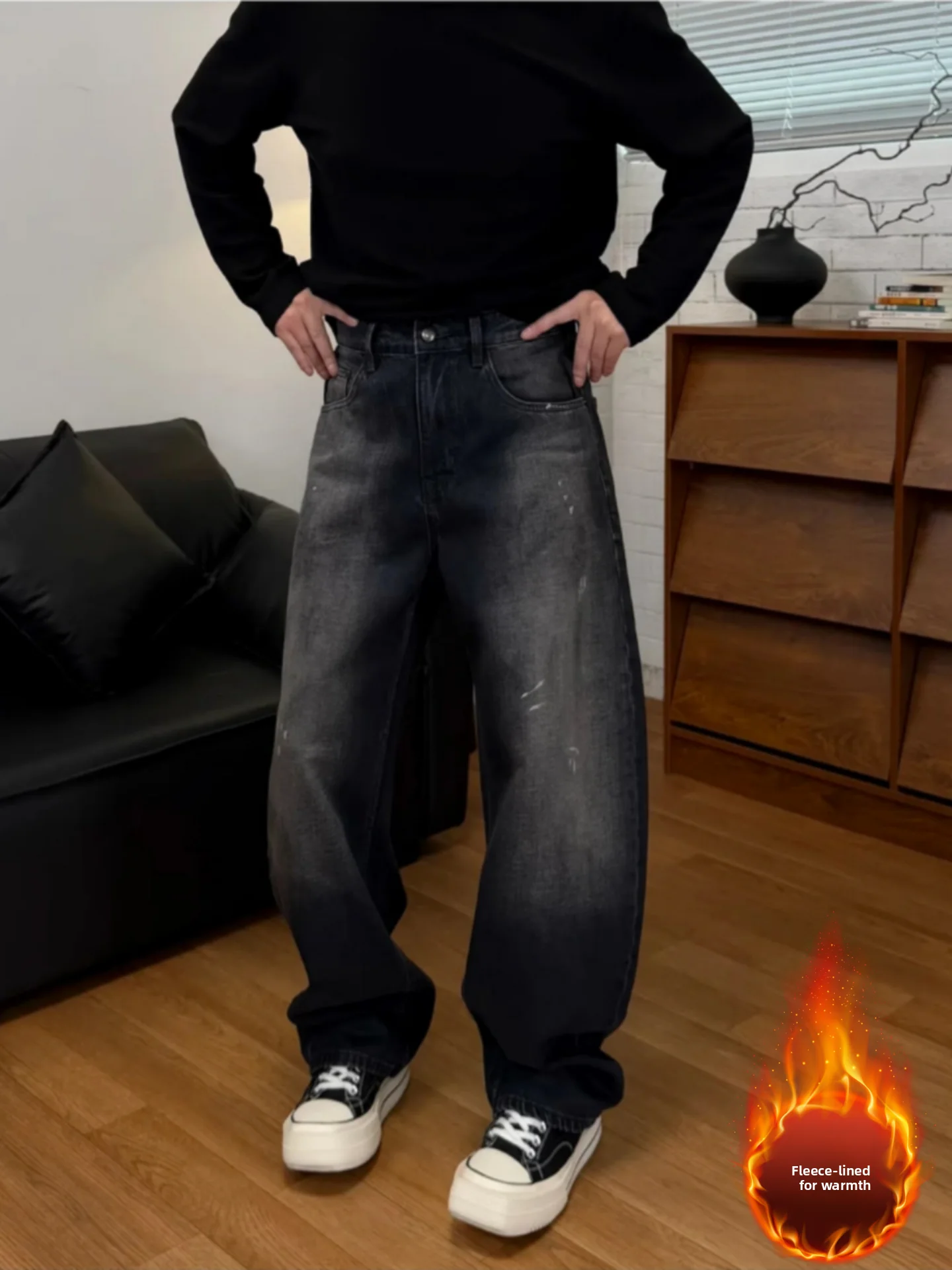 

Мужские джинсы в стиле ретро с подкладкой, американский повседневный стиль, новая зимняя мода, дизайн с эффектом окрашивания, простые брюки с эффектом изношенности