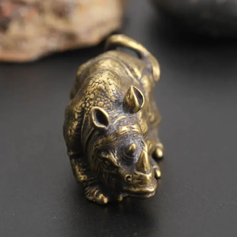 Convenient Useful Rhino Ornament Office Sculpture Toy Decor Handmade Mini Miniature Vivid Antique Copper Craft