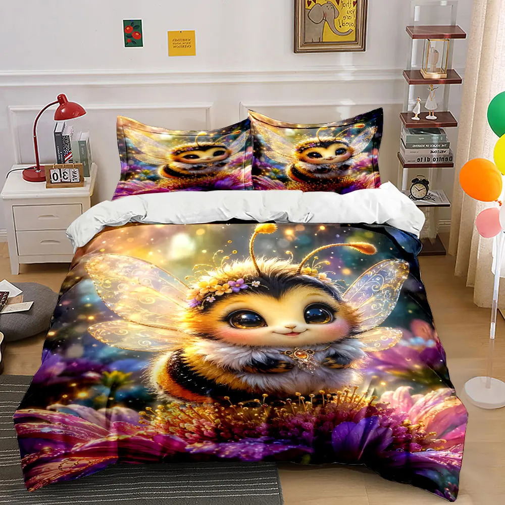 Fantasy bee on vibrant flowers Printed Duvet Cover Set1 Duvet Cover+2 PillowcaseMulti Size Bedroom Bedding Decor Luxury gifts