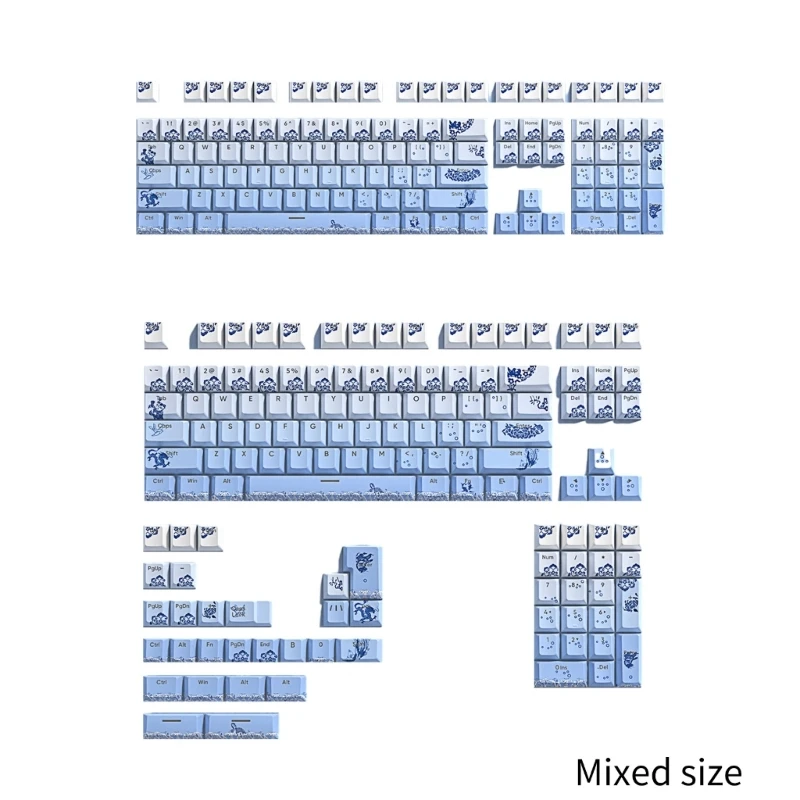 108/135Keys ชุดปุ่มกด PBT หนาพอร์ซเลนสีฟ้าและสีขาวปุ่มกด Double Shot
