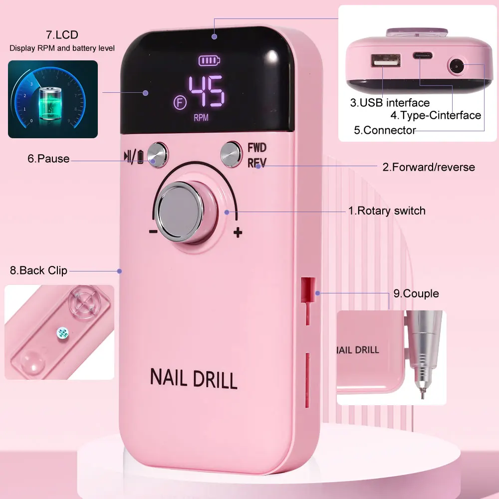 مثقاب أظافر كهربائي احترافي 45000 دورة في الدقيقة قابل لإعادة الشحن مع شاشة LCD مناسبة لأداة مانيكير مبرد أظافر جل #4