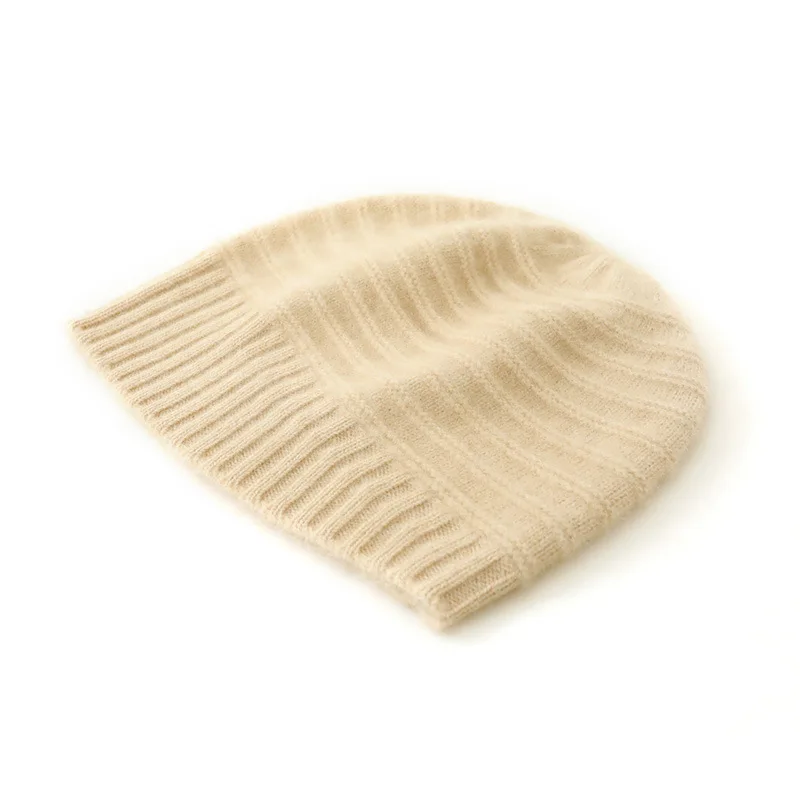 BirdTree, 35% Cashmere 65% Wool Fall Winter Knitted Hats, Women Ear Protection Stripe Hat, Simple Thicken Warm Cap A47171QM