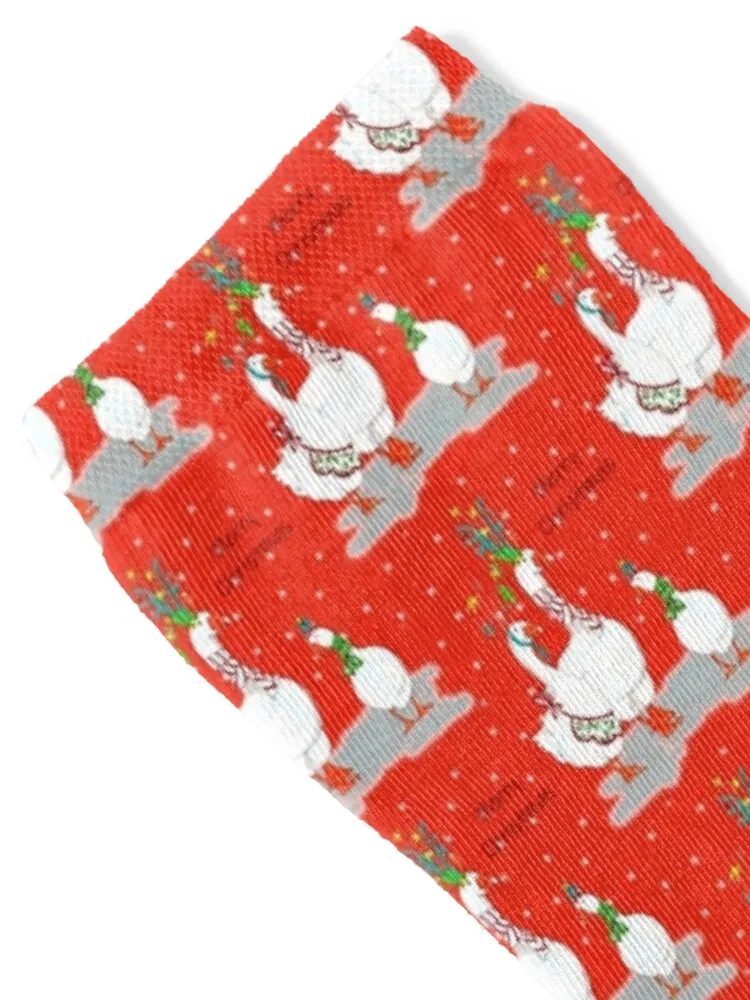 Merry Christmas Geese in pen and watercolors red bg Socks Rugby crazy happy Socks Ladies Men's