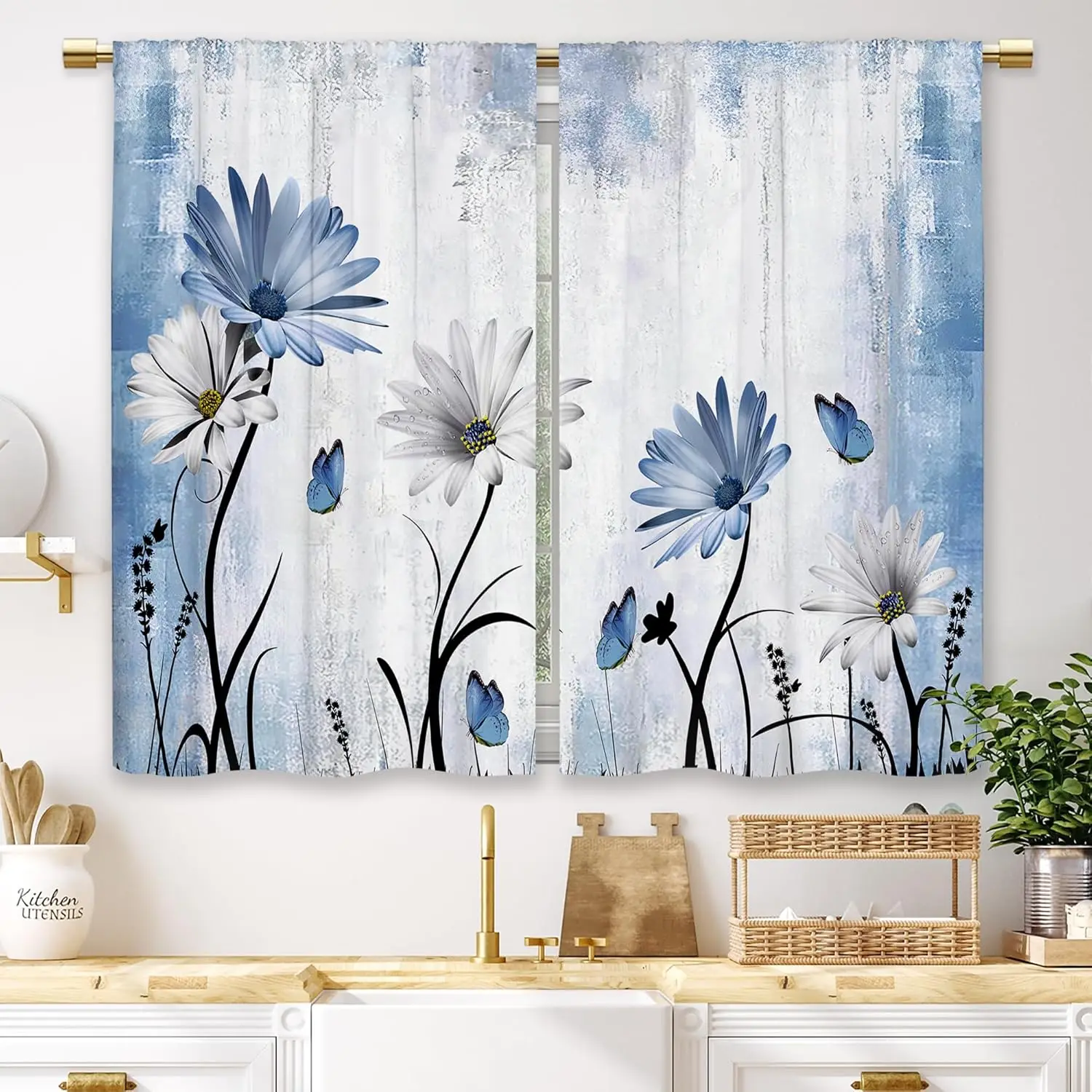 Elegant Blue Watercolor Floral Pattern Curtains Drapes for Living Room Bedroom Window Decor Modern Abstract Nature Curtain Panel