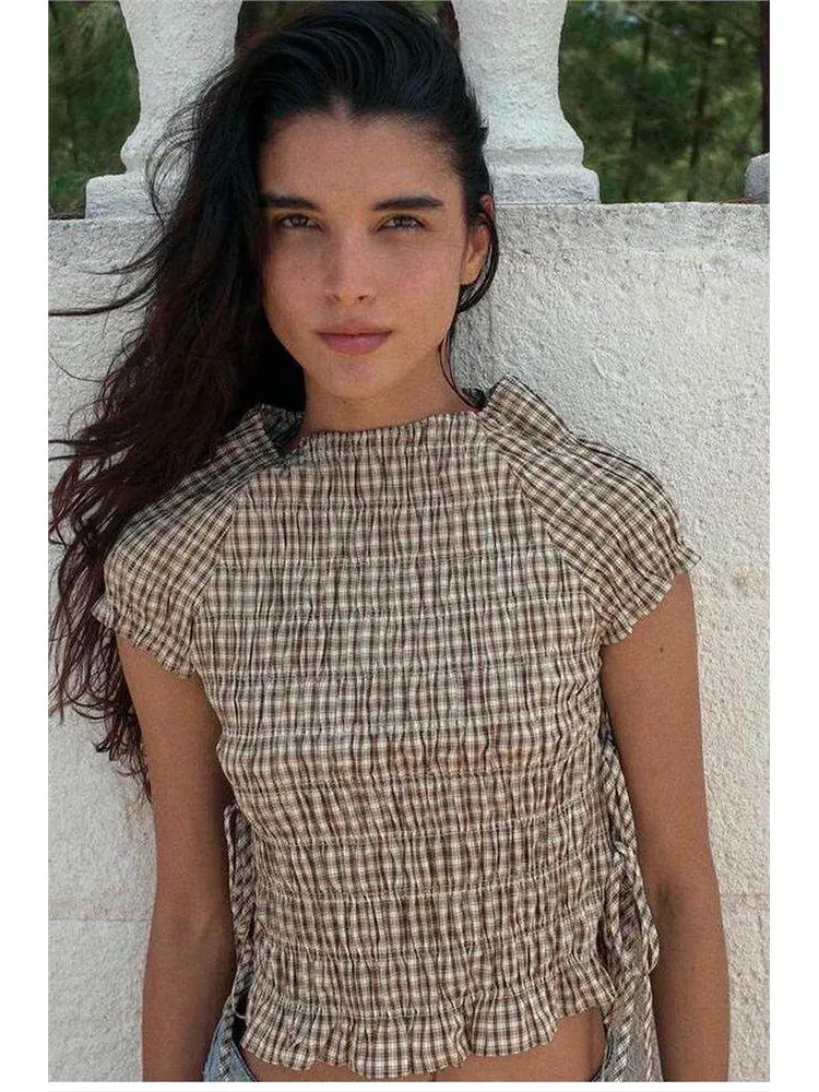 

Spring Bubble Sleeve Shirt Women's Casual Style Plaid Pattern Padded Collar Short Sleeve Top Knot Side Slit Design