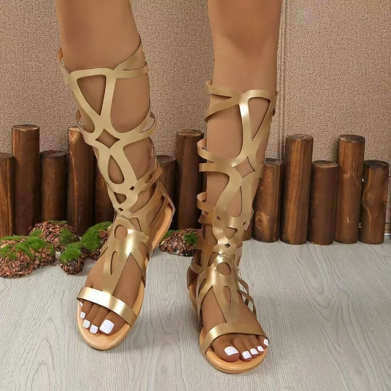 

2025 Sandals Women's Summer Open Toe High Barrel Hollow Flat Shoes Strap Boots Roman Large Size Cool Boots Simple Style