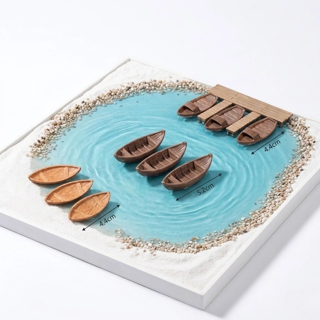 9pcs Random Miniature Model Boat Figurine Set, Rustic Miniature Rowboat Ornaments for Garden Sand Tray Accessories