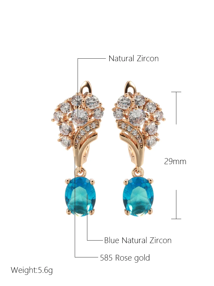 Kinel New 585 Rose Gold Color Long Drop Earrings for Women Fashion Blue Natural Zircon Accessories Vintage Wedding Jewelry