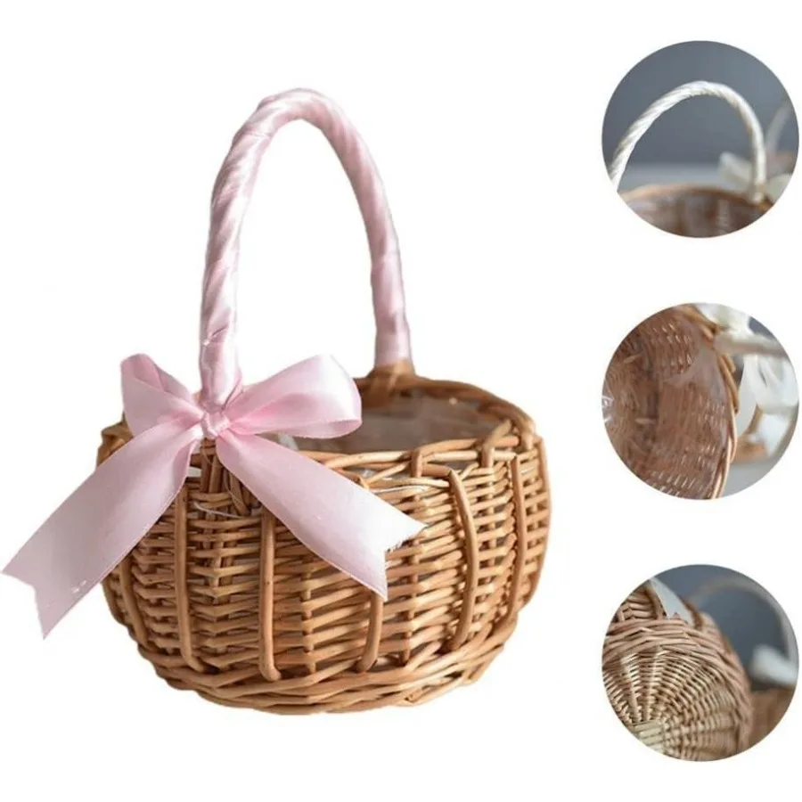 سلة زهور من الخيزران المنسوج يدويًا لتزيين حفل الزفاف مثالية لإكسسوارات فتاة الزهور وأداء تخزين الحلوى
