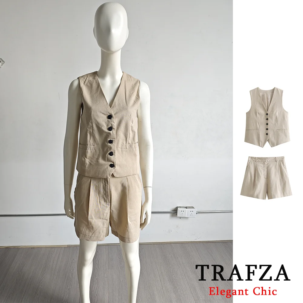 TRAFZA Vintage Casual Chic Solid 2 Piece Women Set Fashion 2024 Summer Sleeveless Vest+Tailored Shorts Office Lady Casual Suit