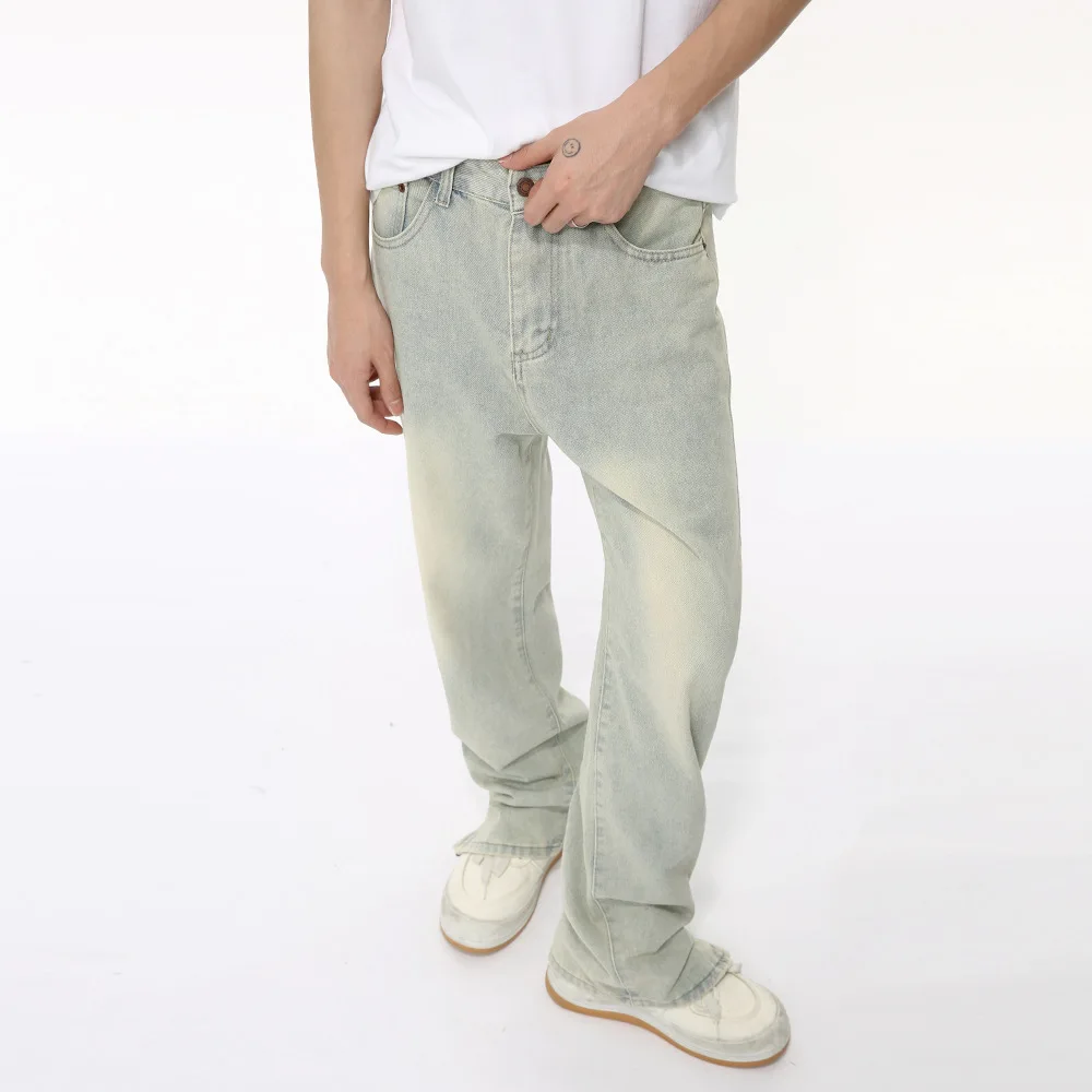 High Street Male Jeans Loose Split Zipper Worn-out Men's Denim Pants Straight Wide Leg Menwear New Trend 2024 Summer