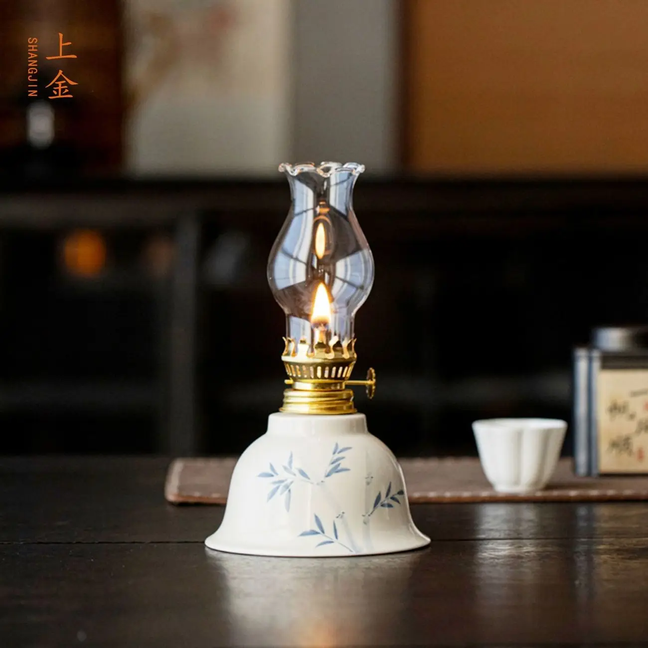 Hand Drawn Floral Retro Kerosenes Lamp Large Capacity Ceramic Butter Lamp Lamp Holder Chinese Style Study Bedroom Night Oil Lamp