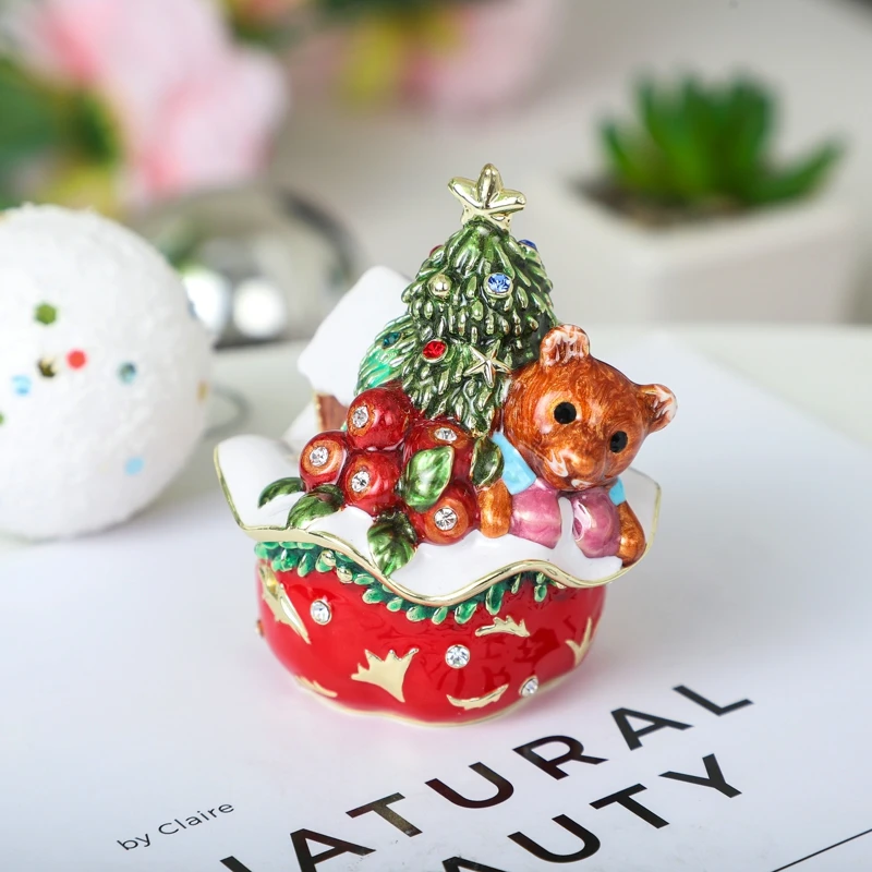 

SHINNYGIFTS Hand Painted Enamel Trinket Box, Hinged Christmas House Jewelry Organizer Mini Ring Earrings Storage Box