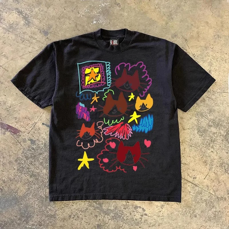 Cloud cat art graffiti print niche short-sleeved T-shirt for men and women, trendy casual top