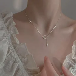 VENTFILLE 925 Sterling Silver Frosted Moon Star Ladies Pendant Clavicle Chain 2022 New Simple Small Design Necklace
