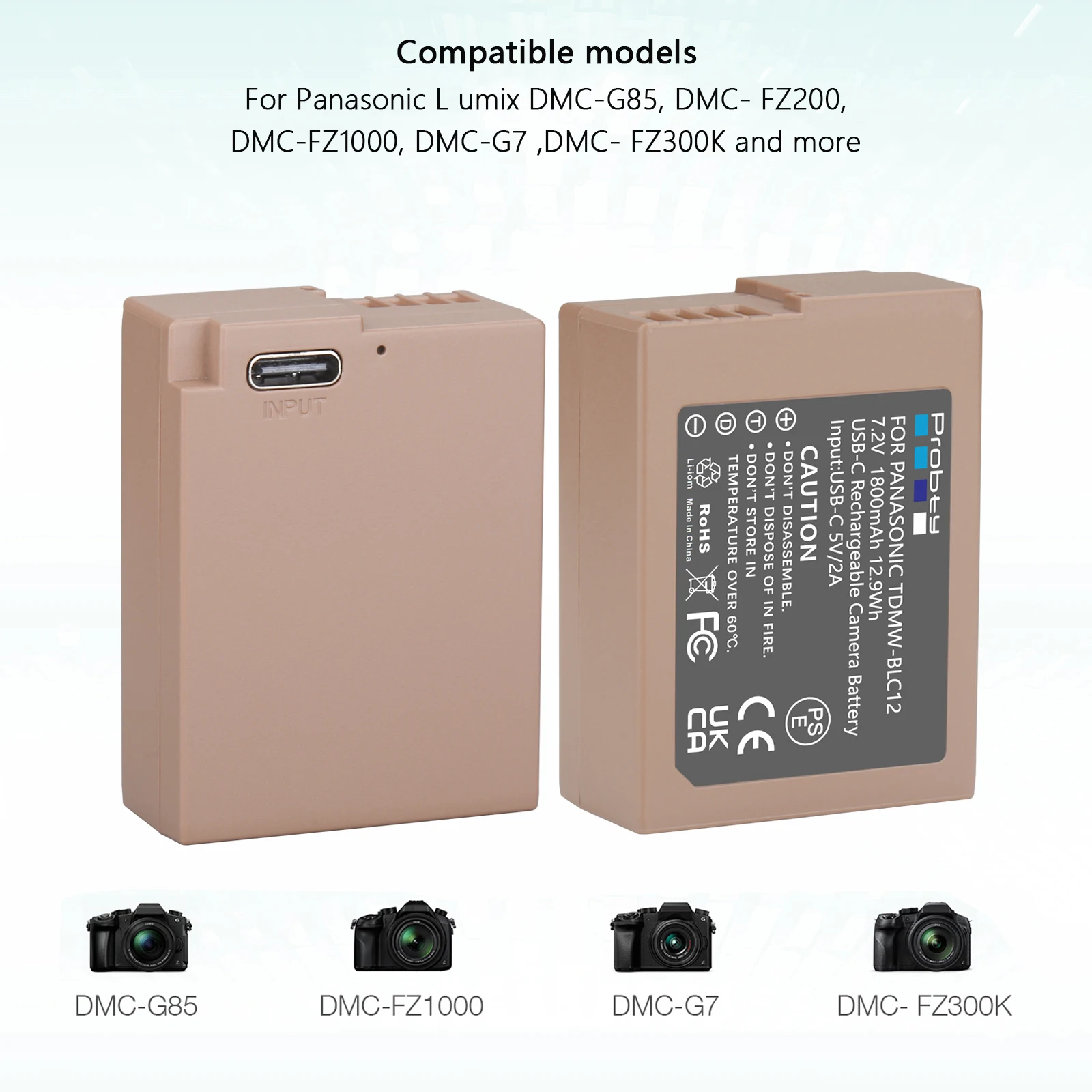 DMW-BLC12E DMW-BLC12 Full Decode Battery with Type-C Input Port for Panasonic Lumix G95 G85 GX8 G5 G6 G7 GH2 FX300 FZ200 FZ1000